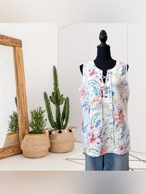 Tommy Bahama Maya Meadows Floral Lace Up Linen Tank Top